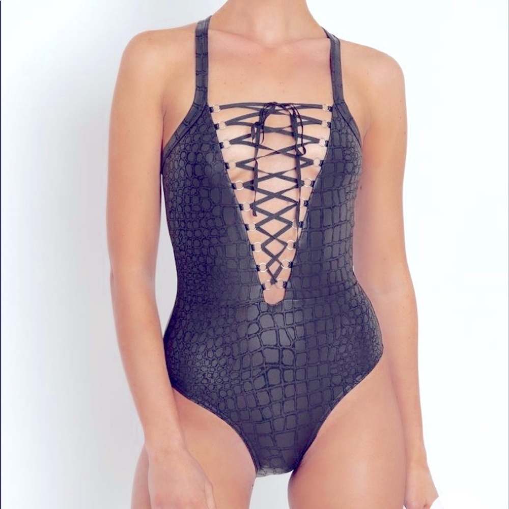 NWT BlackMilk A Lot of Croc Lace Up Bodysuit